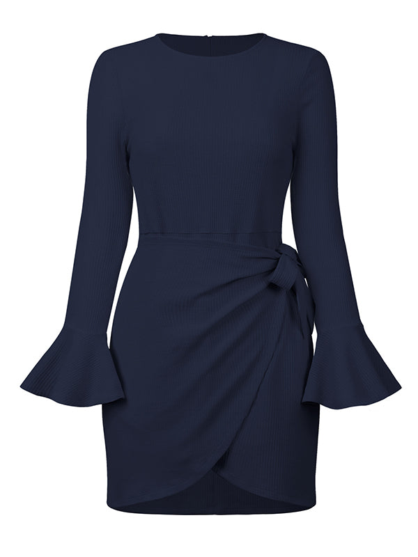 Simple Long Sleeves Skinny Tied Falbala Solid Color Round-Neck Mini Dresses