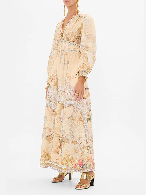 Floral Printed Long Sleeves Ruffled Elegant Maxi Dresses