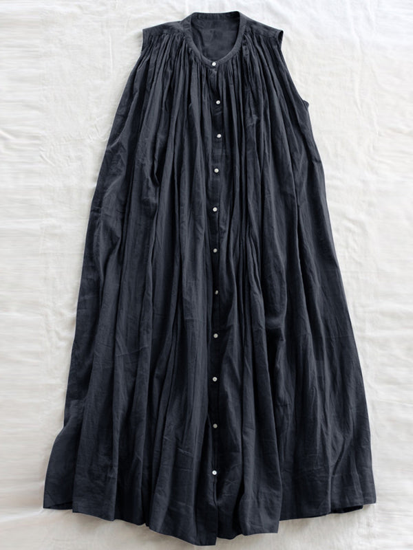 Pleated See-Through Loose Sleeveless Round-Neck Midi Dresses