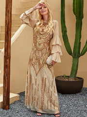 Vintage Flared Sleeves Sequined Round-Neck Midi Dress