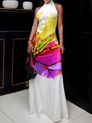 Skinny Sleeveless Flower Print High Neck Maxi Dresses