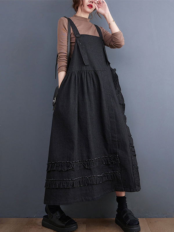 Oversize Loose Falbala Solid Color Denim Midi Dresses