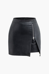 High Waist Faux Leather Zipper Mini Skirt