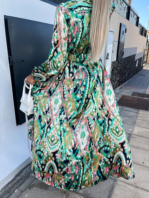 High Waisted Long Sleeves Belted Elasticity Printed Split-Front V-Neck Maxi Dresses