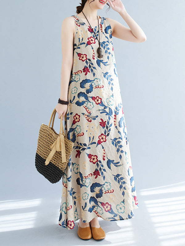 Floral Printed Loose Sleeveless Round-Neck Maxi Dresses