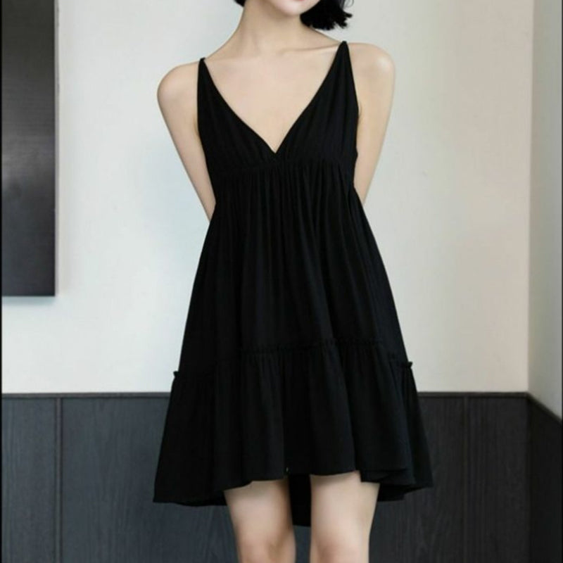 Women Sexy Deep V-Neck Spaghetti Straps Adjustable A-line Mini Dress Summer Beach Vacation Party Low-cut Backless Dresses