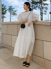 Casual Round-Neck Bishop Sleeve Loose Solid Color Midi Dress