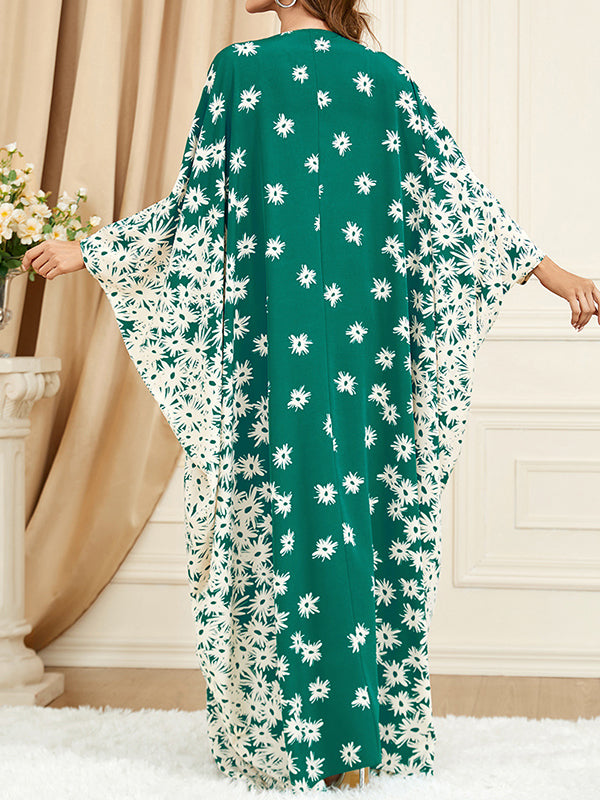 Batwing Sleeves Loose Flower Print Muslim Split-Front Round-Neck Maxi Dresses