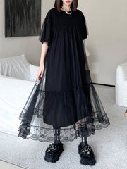 Fake Two-Piece Loose Gauze Pleated Solid Color Split-Joint Tiered Round-Neck Midi Dresses