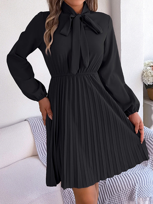 Pleated Solid Color Tied Long Sleeves Loose Mock Neck Mini Dresses