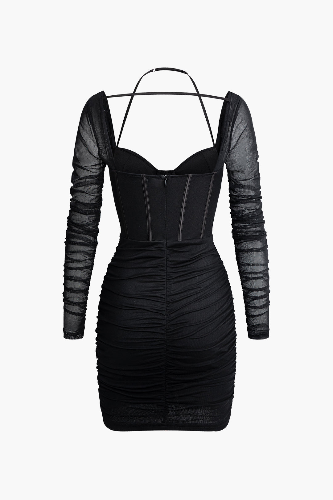 Gerüschtes Neckholder-Bustier-Minikleid aus Netzstoff mit Bindeband 