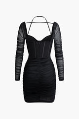 Gerüschtes Neckholder-Bustier-Minikleid aus Netzstoff mit Bindeband 