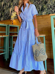 Striped Loose Short Sleeves Lapel Maxi Dresses