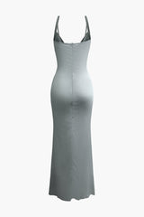 Maxikleid aus Satin mit Schlitz und V-Ausschnitt 
