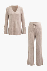 V-neck Knit Slit Long Sleeve Top And Tie Waist Pants Set