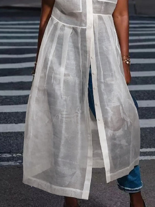 Cap Sleeve Loose Buttoned Pockets See-Through Split-Joint Transparent Lapel Midi Dresses Shirt Dress