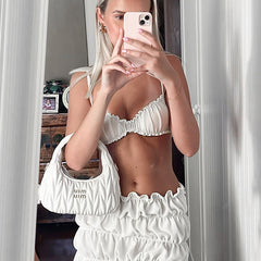 Sexy Camisole-Oberteil mit niedriger Taille, gestapelter gerüschter Rock, 2-teiliges Set, einfarbig, ärmellos, rückenfrei, Strandurlaub, Sommer-Outfit 