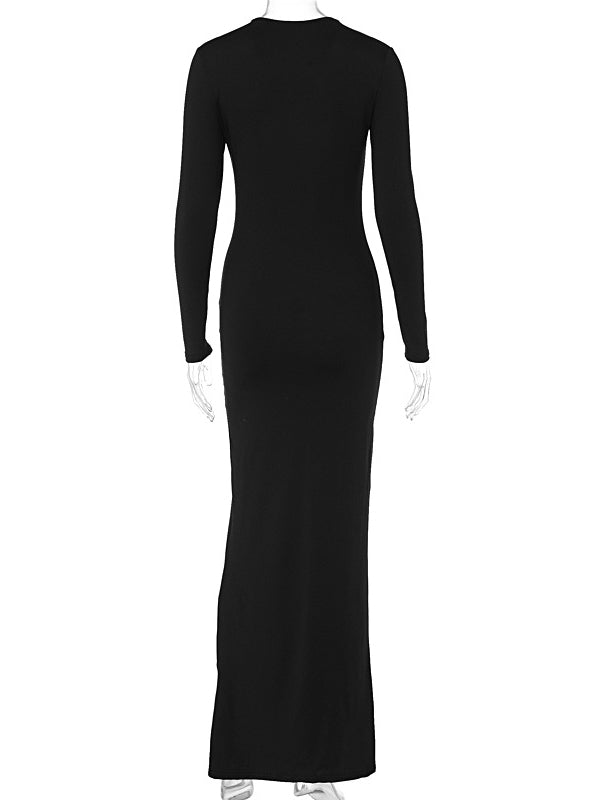 See-Through Solid Color Bodycon Long Sleeves Round-Neck Maxi Dresses
