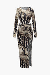 Abstract Print Drawstring Long Sleeve Top And Split Skirt Set