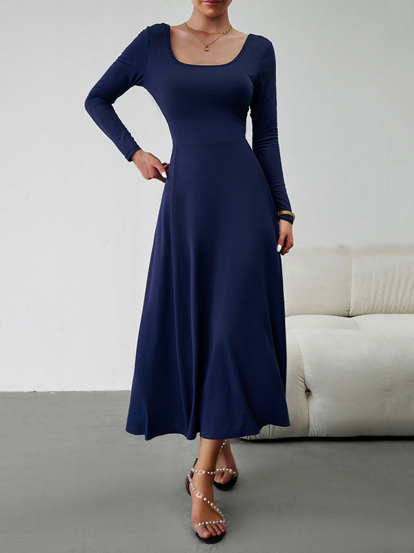 A-Line High Waisted Solid Color Tied Waist U-Neck Midi Dresses