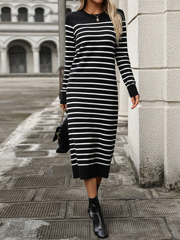 Split-Joint Striped Long Sleeves Loose Round-Neck Sweater Dresses Midi Dresses