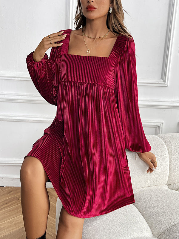 A-Line Long Sleeves Pleated Shiny Solid Color Tied Velvet Square-Neck Mini Dresses