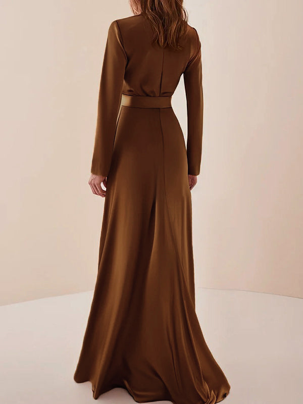Pleated Shiny Solid Color Split-Joint Tied Waist Long Sleeves Loose High Neck Maxi Dresses Evening Dresses