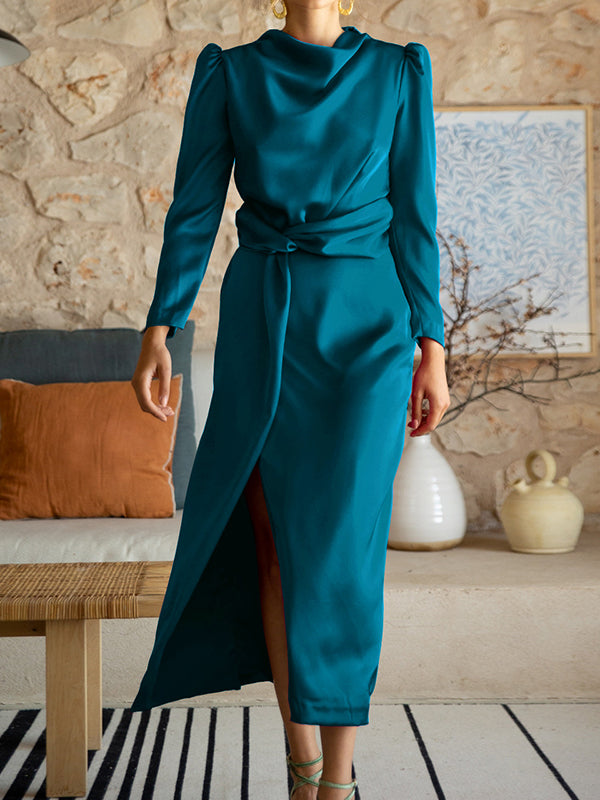 A-Line High Waisted Pleated Solid Color Split-Front Mock Neck Maxi Dresses