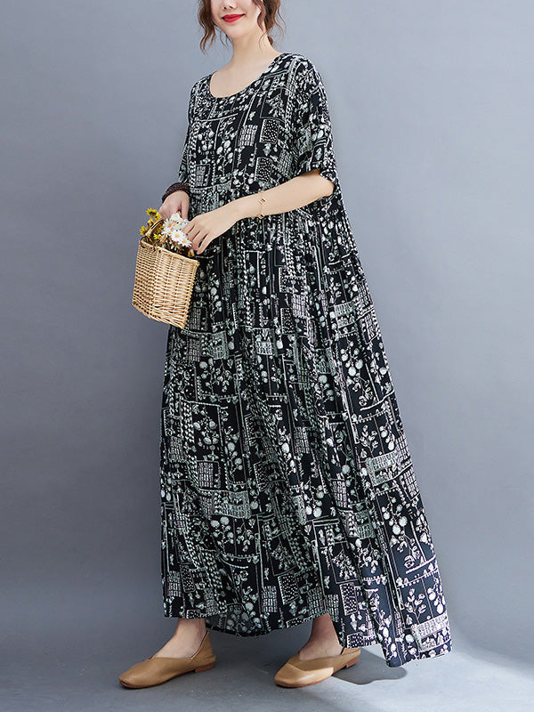 Vacation Loose Short Sleeves Floral Printed Contrast Color Round-Neck Midi Dresses