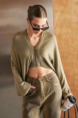 V-neck Knit Zipper Tie Hem Cardigan