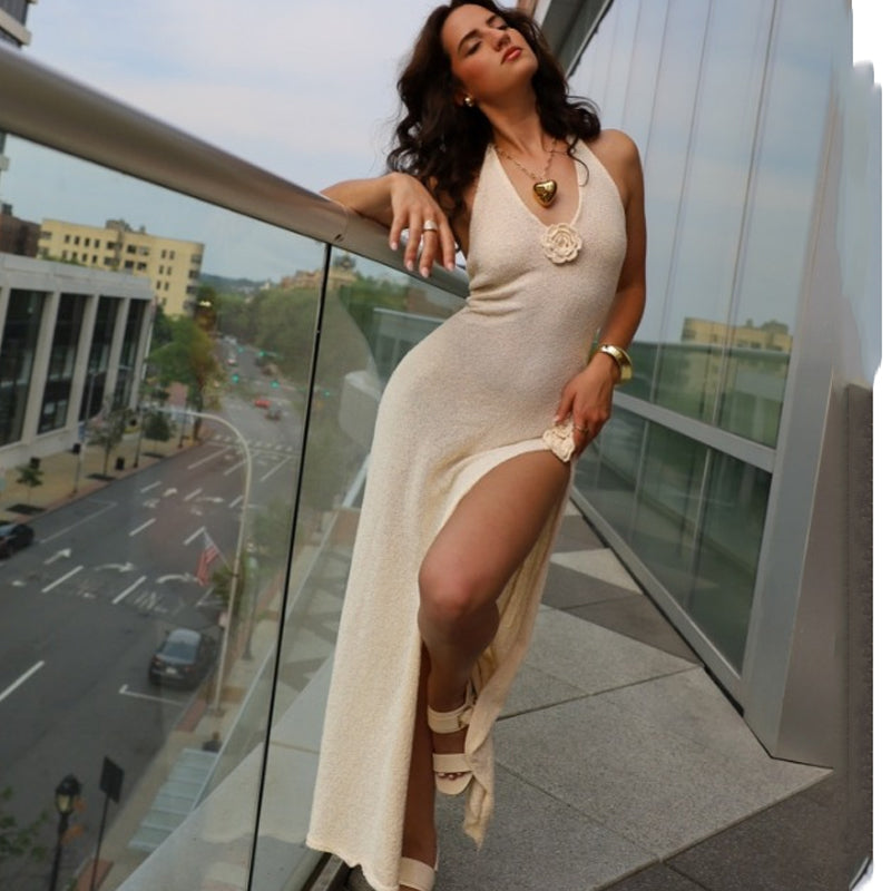 Deep V-Neck Backless Long Dress Sexy Women's Split Slip Knitted Dresses Elegant Sleeveless Beach Party Halter OutfitsChristmas Gifts