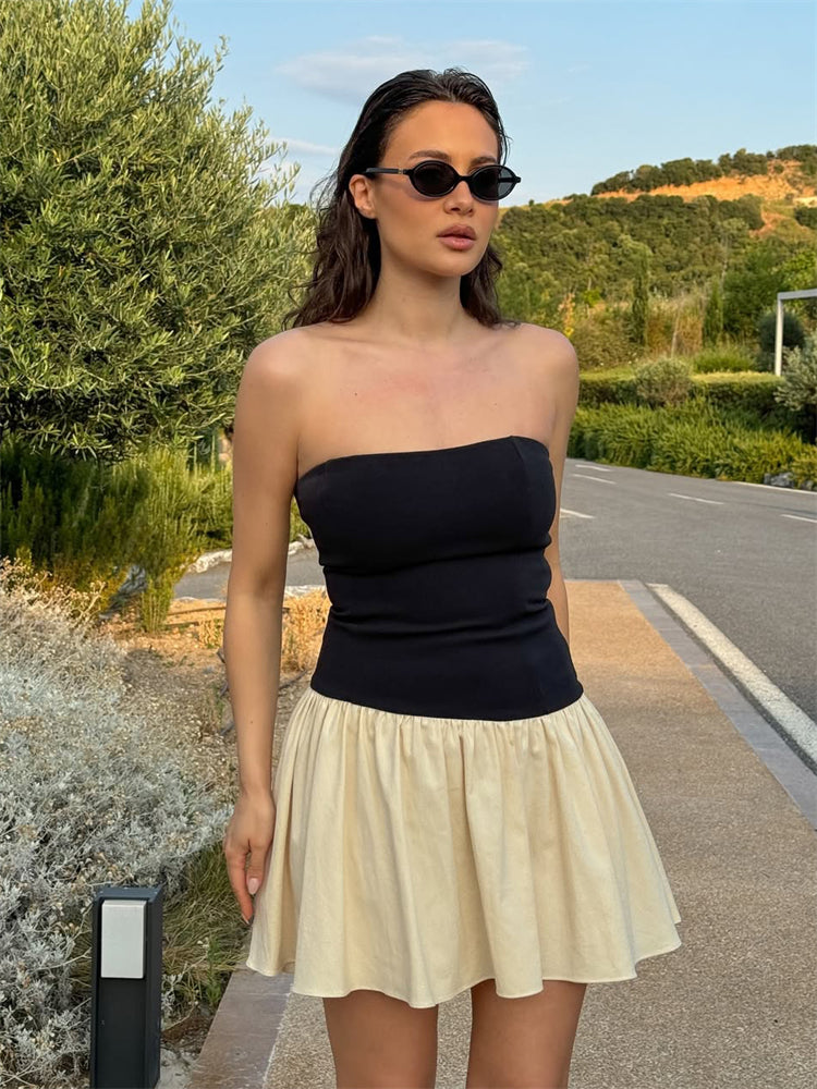 Slim Folds Dress For Women Bodycon Backless Splice Dresses Female Summer Sexy Off Shoulder Elegant Mini Dress Woman 2025Christmas Gifts