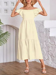 A-Line Loose Elasticity Pleated Ruffled Solid Color Split-Joint Off-The-Shoulder Midi Dresses
