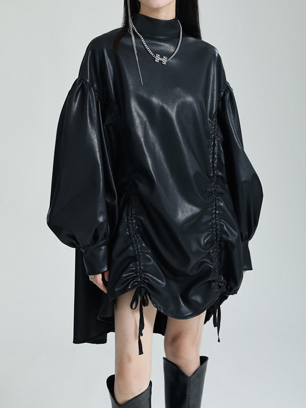Drawstring Pleated Solid Color High-Low Long Sleeves Stand Collar Mini Dresses