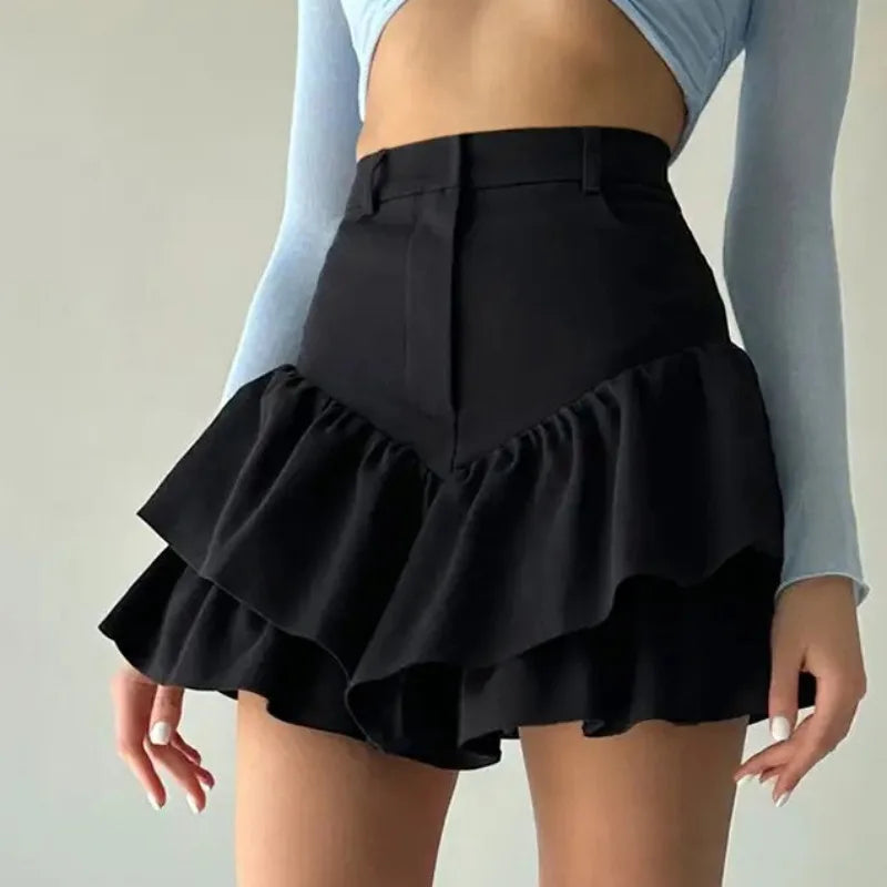 Ruffles Slim Shorts Skirts Women Black Temperament High Waist Skirt Femme Street Casual Folds Splice Elegant Skirt LadiesChristmas Gifts