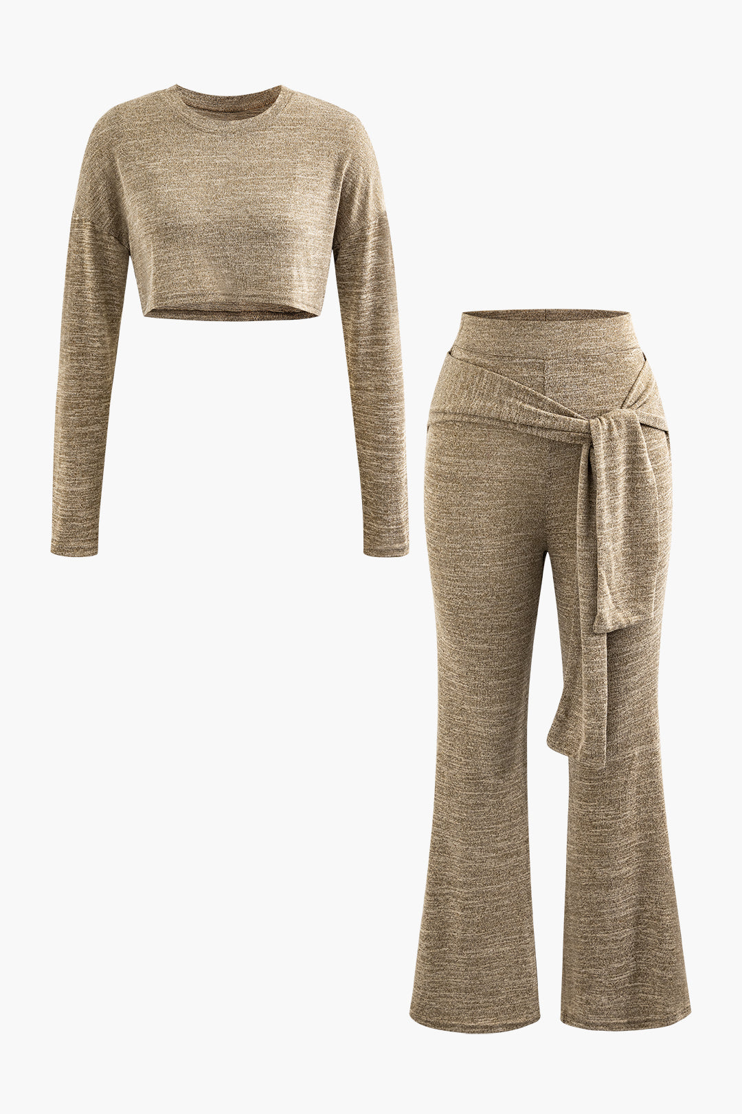 Set aus langärmligem Crop-Top aus Strick und Schlaghose mit Knoten vorne 