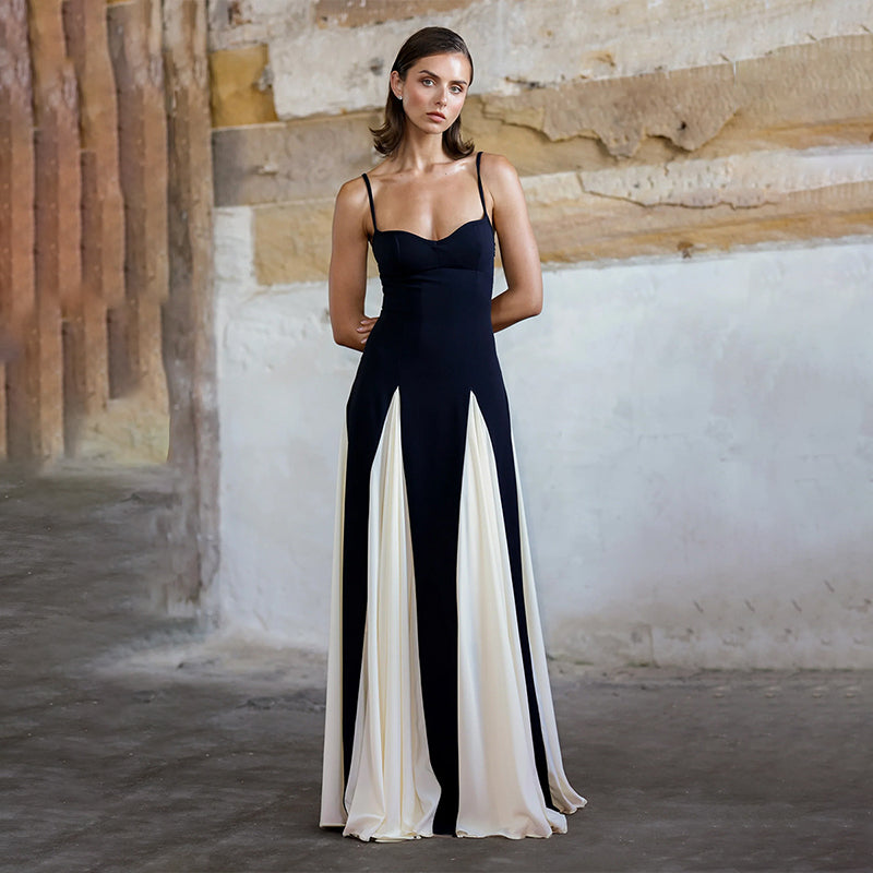 Contrast Color Suspender Maxi Evening Dress Women's With Lining Sexy Backless Splice Sleeveless Long Party Dress FemaleChristmas Gifts