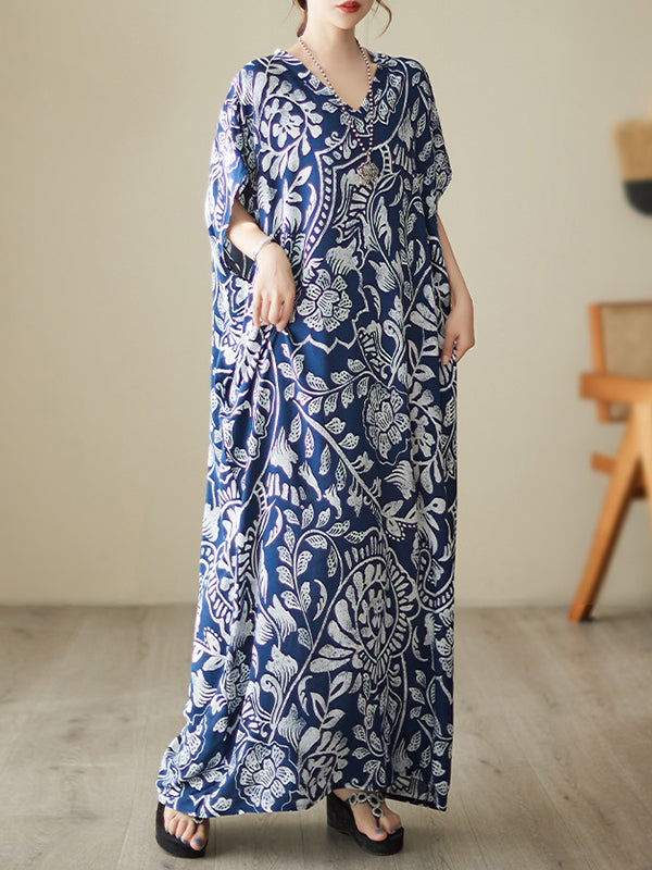 Floral Printed Loose Short Sleeves V-neck Maxi Dresses