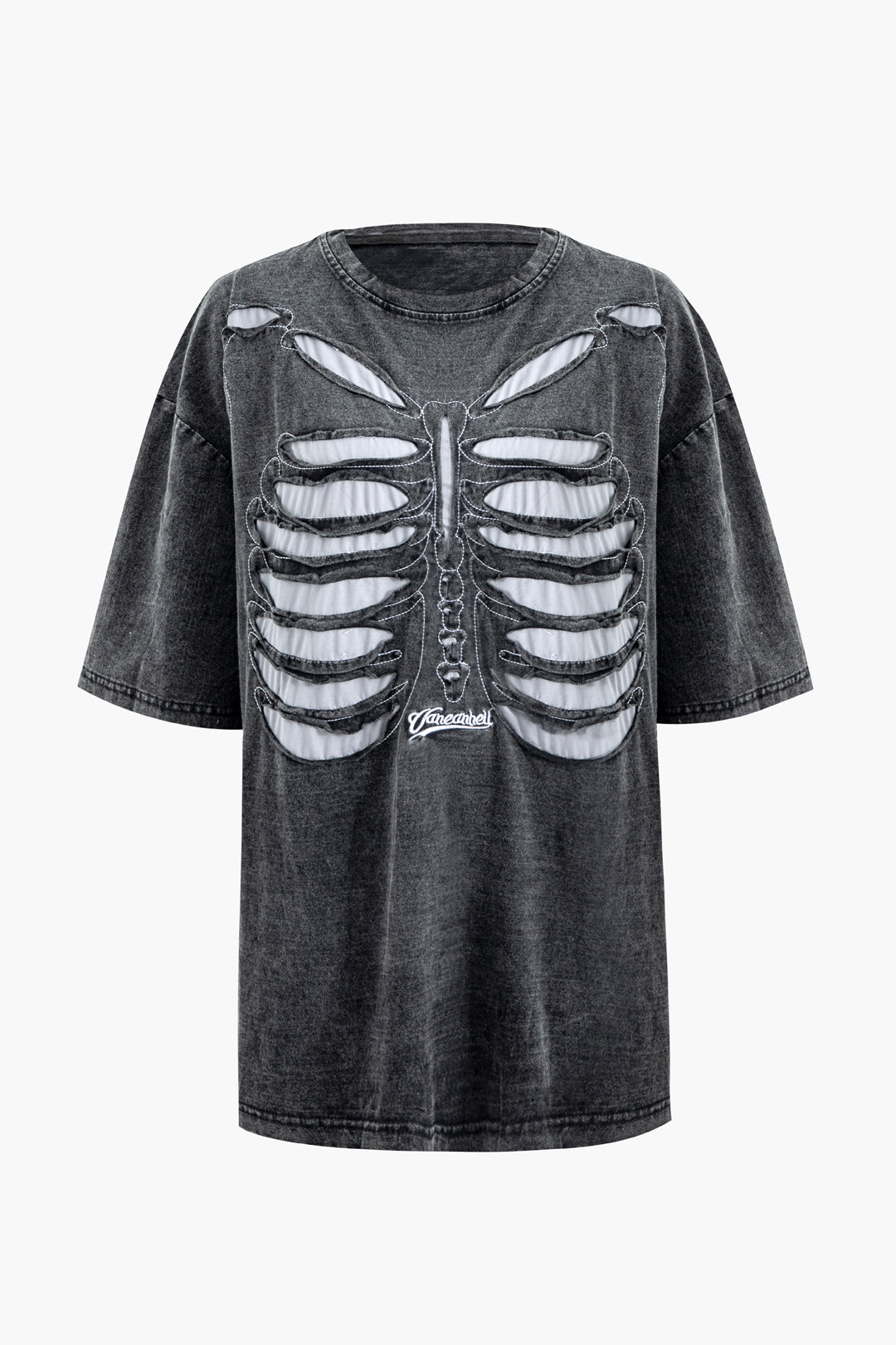 T-Shirt im Used-Look mit Rundhalsausschnitt und Skelett-Design 