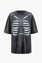 T-Shirt im Used-Look mit Rundhalsausschnitt und Skelett-Design 