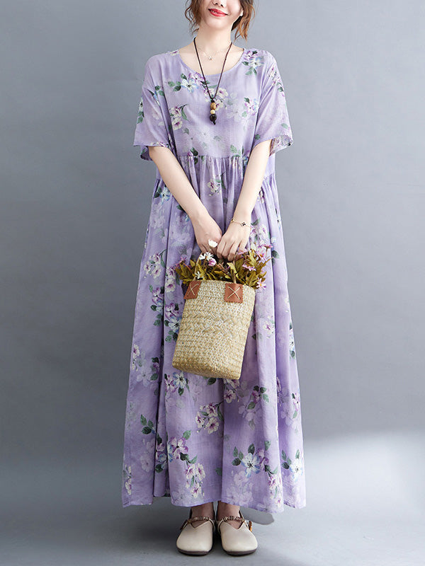 Vacation Short Sleeves Loose Floral Printed Round-Neck Midi Dresses