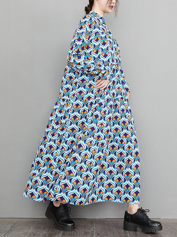 Vintage Long Sleeves Loose Buttoned Contrast Color Printed Stand Collar Midi Dresses