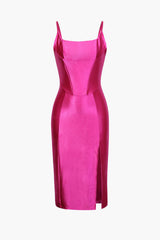 Satin Square Neck Slit Midi Dress