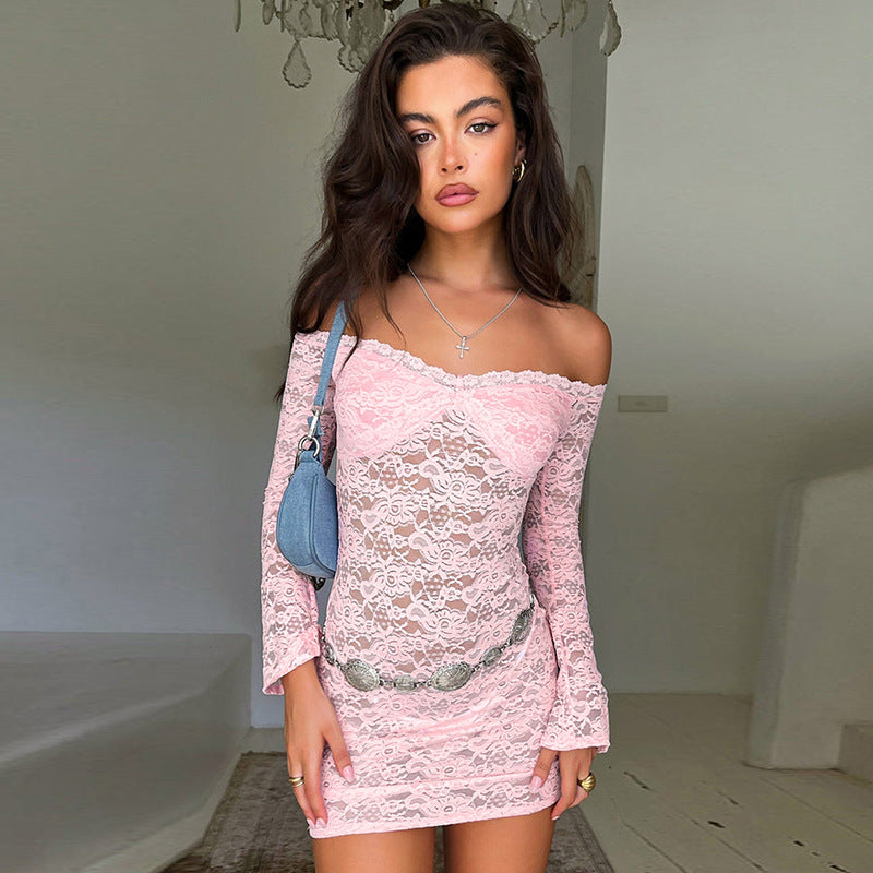 Sexy Off Shoulder See-Through Lace Dress For Women Long Sleeve Elegant Slim Solid Splice Beach Evening Mini Dress FemaleChristmas Gifts