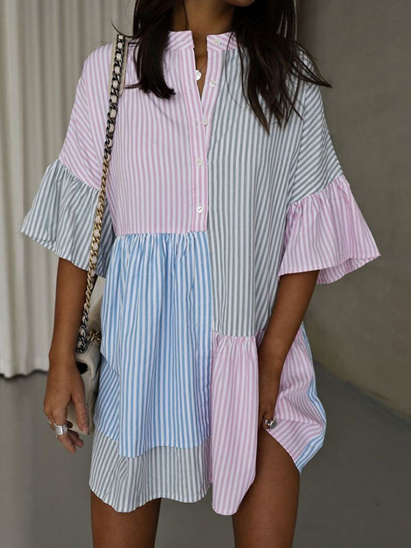 Buttoned Contrast Color Pleated Split-Joint Striped Long Sleeves Loose Stand Collar Shirt Dress Mini Dresses