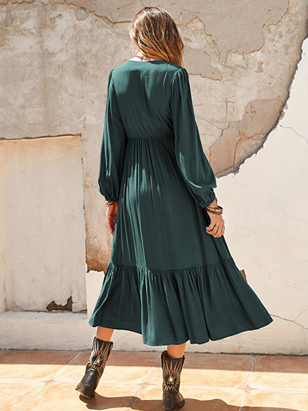 Vacation Puff Sleeves A-Line Solid Color Deep V-Neck Midi Dresses