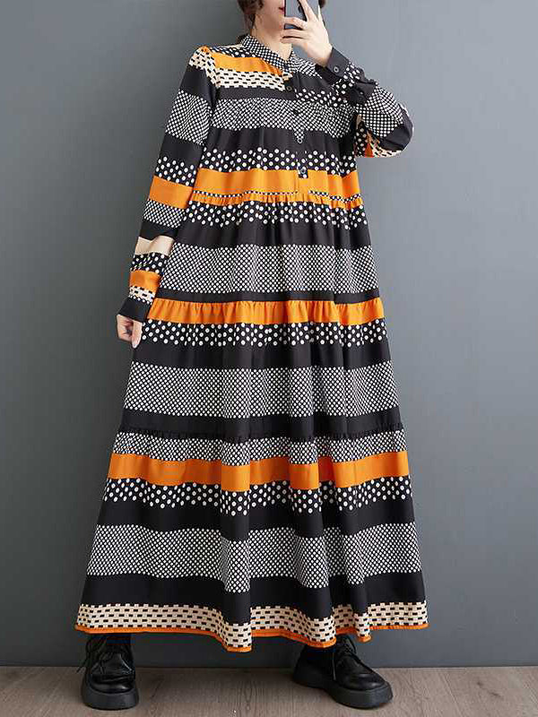 Buttoned Polka-Dot Split-Joint A-Line Long Sleeves Round-Neck Midi Dresses