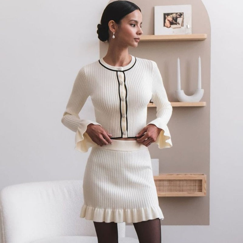 Strickrock-Set Damen Elegant O-Ausschnitt Langarm Cardigan Top Schlank Retro Kurz A-Linien-Rock Strick-Rüschenrock-Set 