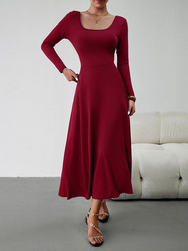 A-Line High Waisted Solid Color Tied Waist U-Neck Midi Dresses