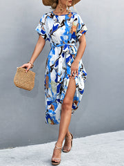 Hollow Printed Tied Waist A-Line Loose Round-Neck Midi Dresses